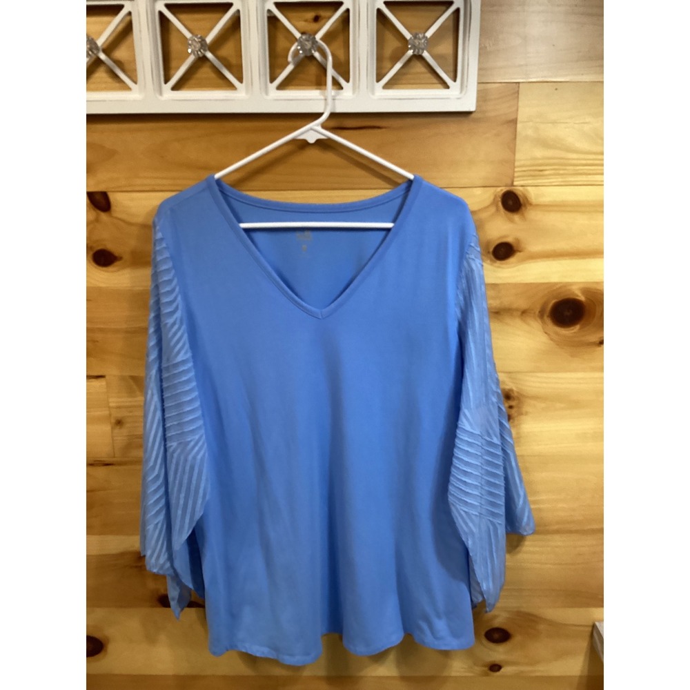 Belle by Kim Gravel Women Blue V-Neck Top Pleated Mesh Sleeve XL